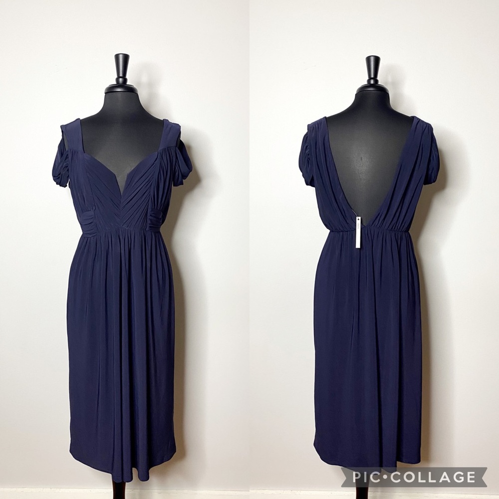 ASOS Navy Blue Midi Dress with Pleated Bodice